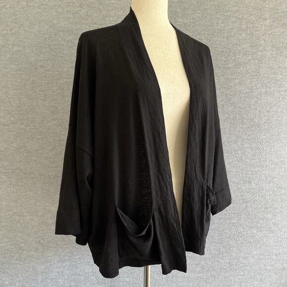 Eileen Fisher Lagenlook Kimono Cardigan Size L XL Black Minimalist Organic Linen - Picture 2 of 10
